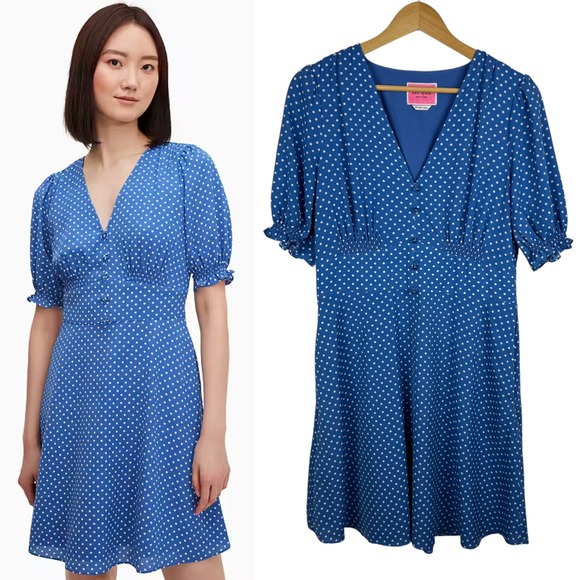 Kate Spade Tea Garden Dot Dress Women's Size 12 Blue Polka Dot V-Neck‎ Retro - Picture 1 of 11